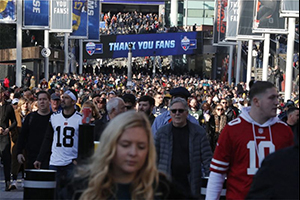 Fans arriving at the Wembley Stadium in London before an NFL game on October 27, 2019. (AP)