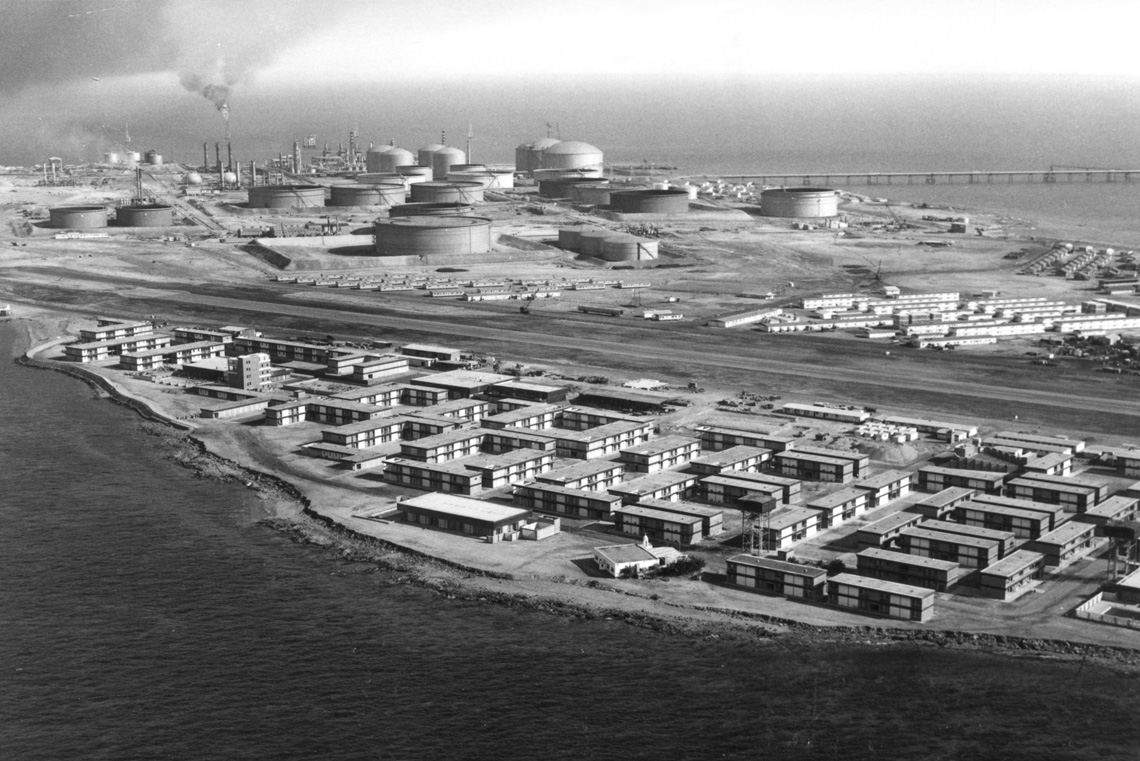 An aerial view of the staff accommodation in the foreground of oil facilities on Das Island, Abu Dhabi in 1962.