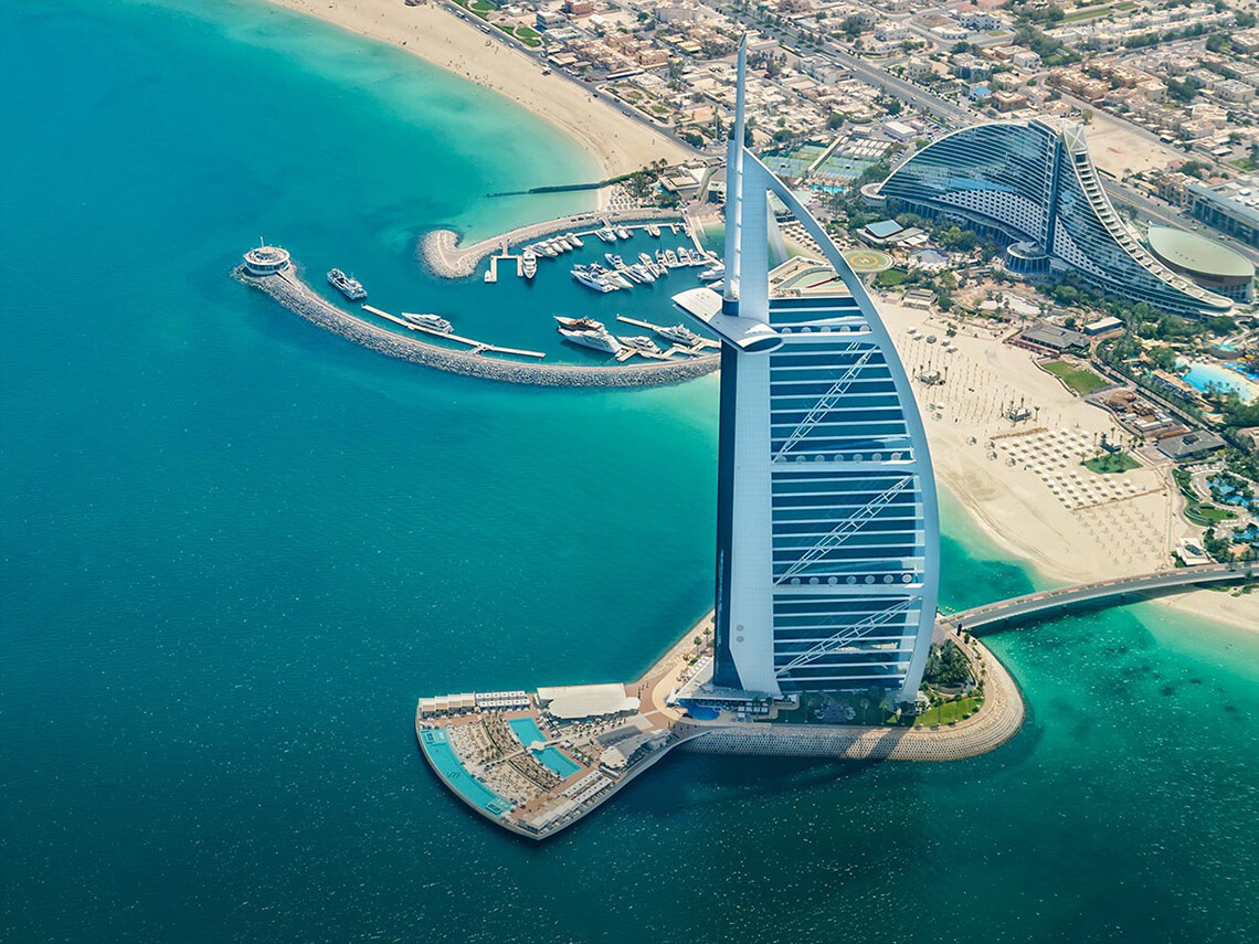 2019: An aerial view of Burj Al Arab hotel. Located 280m off the shores of Dubai, the hotel is the third tallest hotel in the World and measures 321 meters tall.