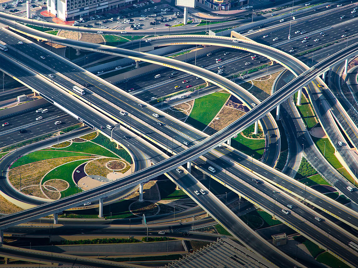 2020: An aerial view of first interchange on Sheikh Zayed Road, also known as Defense Roundabout. 