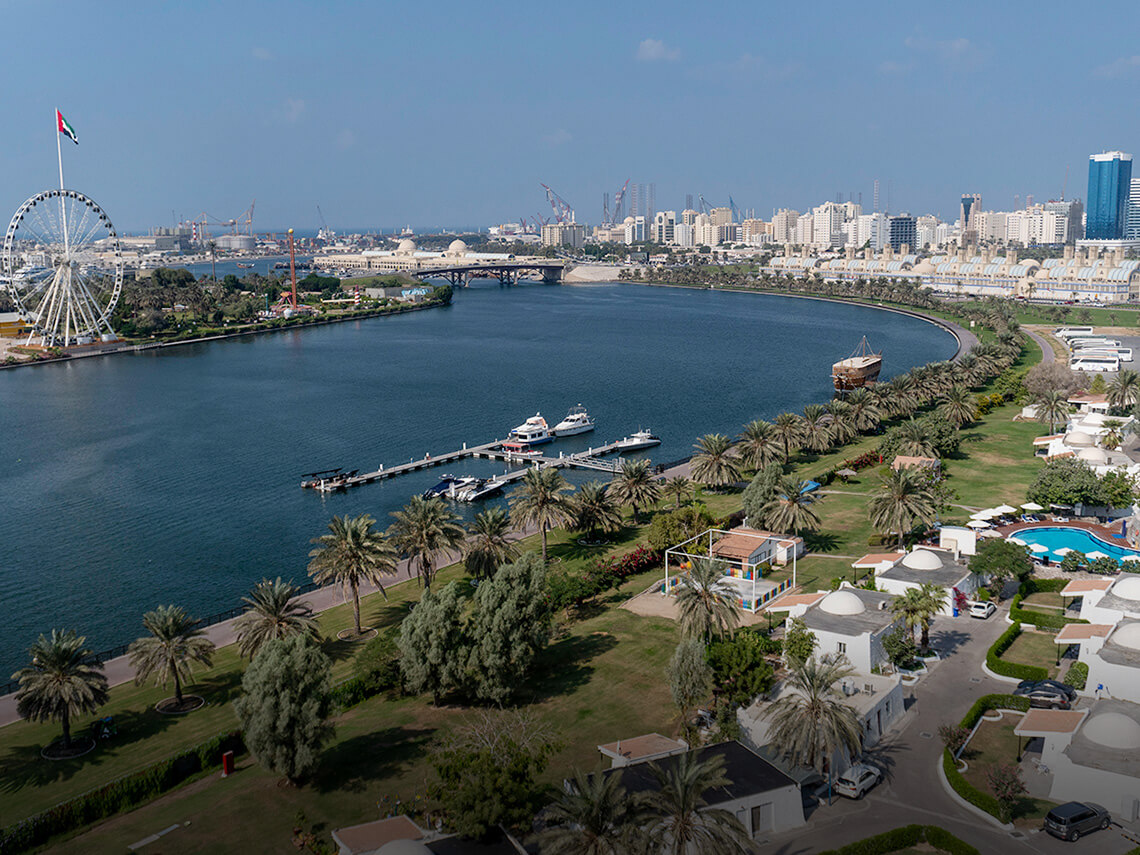 2020: View of Sharjah from Marbella resort. Seen in the picture are the Flag island, Al  Montazah  Parks, Souq Al Jubail and central souq.