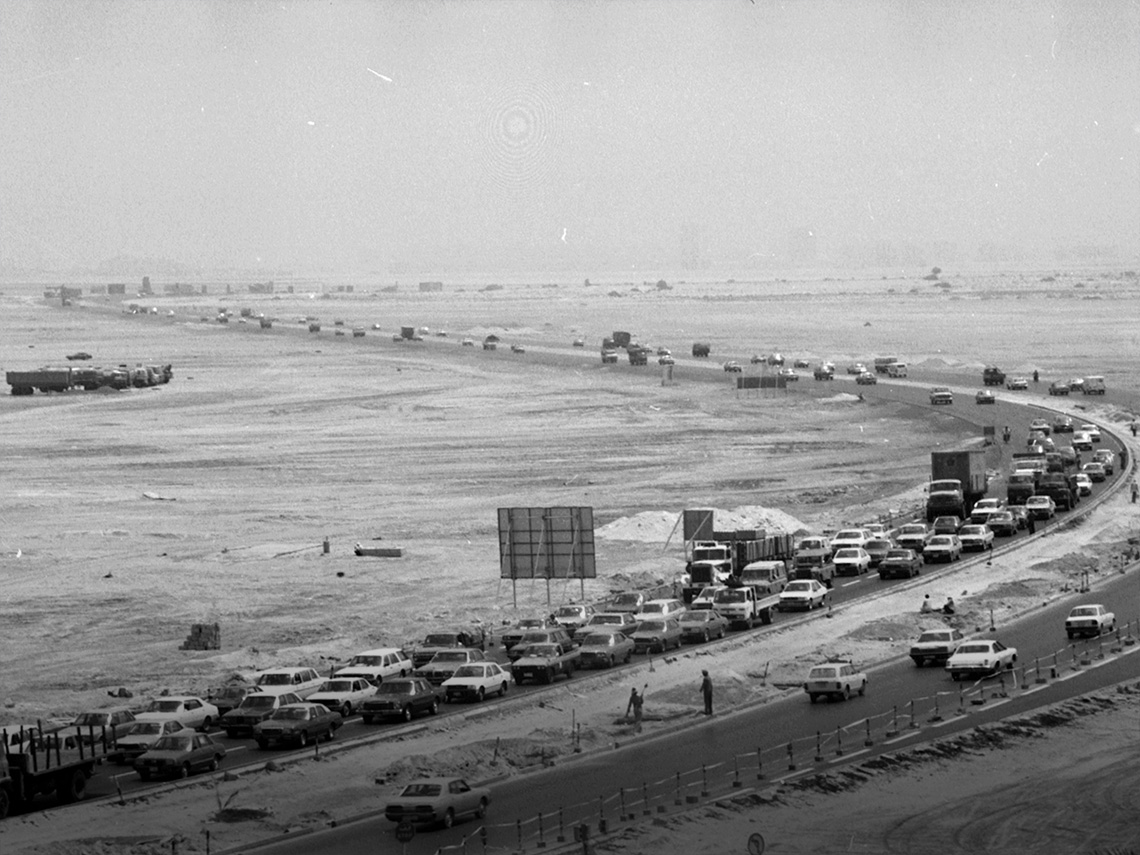 1980: An aerial view of Sharjah Dubai Highway.