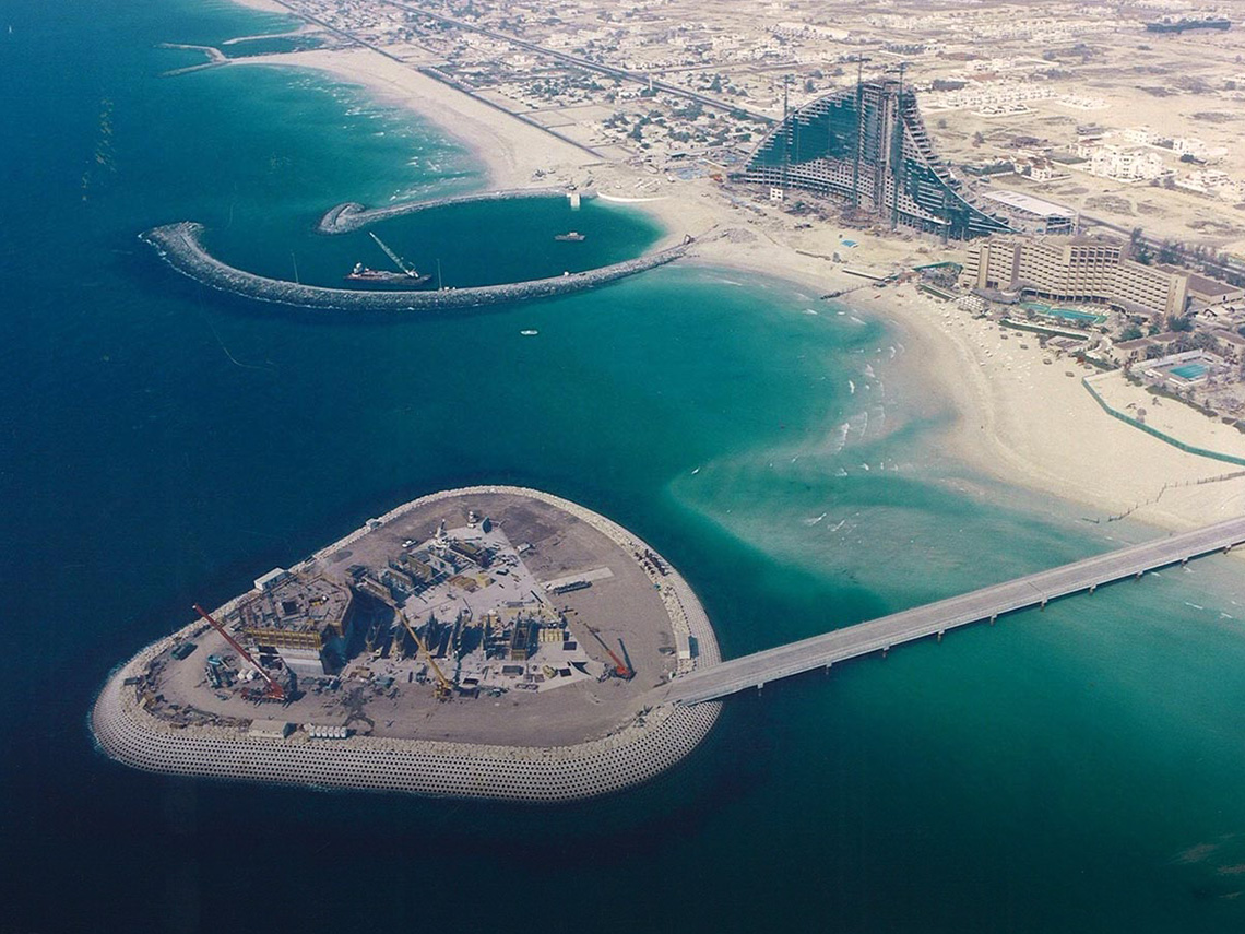 1996: Burj Al Arab hotel under construction. The construction started in 1994 and it took two years to create the island, followed by another three years to build the hotel itself.